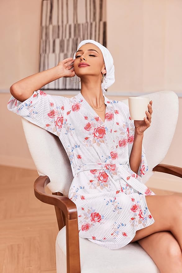 Ekouaer Robes for Women Waffle Knit Bathrobe Soft Lightweight Knee Length Loungewear S-XXL