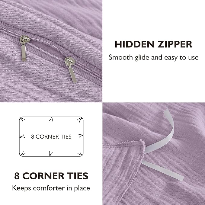 EMME Muslin Cotton Duvet Cover Set Lavender Twin Size Linen Like Soft Breathable Lightweight Summer Comforter Cover Set with Zipper Closure (Lavender, Twin, 68"x90")
