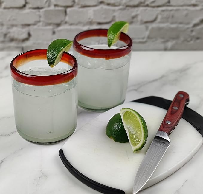 Dos Sueños Hand Blown Mexican Drinking Glasses - Set of 6 Tumbler Glasses with Red Rims (10 oz each)