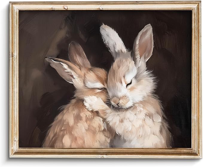 Vodefoad Hugging Rabbit Retro Vintage Canvas Wall Art Cute Rabbits Wall Art Oil Painting | Rabbit Friends | Antique Vintage Print | Bunny Poster | Nursery Decor - 8x10Inch Unframe
