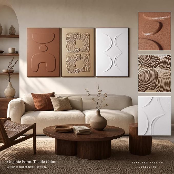 3D Textured Wall Art for Living Room, Set of 3 Wabi Sabi Abstract Sandstone Artwork with Solid Catalpa Wood Frame, Minimalist Triptych Pictures for Hallway Entryway, Ochre Earth & Terracotta Harmony, 24x36 In