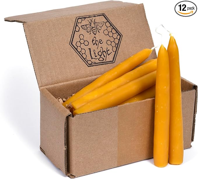 100% Pure Beeswax Taper Candles - All-Natural Handmade Decorative & Dipped Smokeless Unscented Candles for Christmas, Advent, and Hanukkah, Natural Yellow, 6 Inches, 12 Candle Set, by BeeTheLight