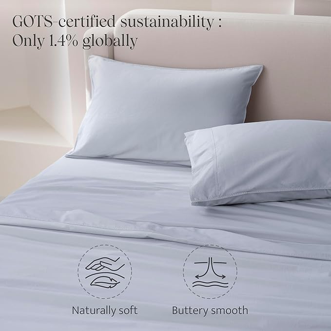 Double Stitch 100% Organic Cotton Sheets, Queen Sheet Set, GOTS Certified Long Staple Cotton Bedsheets, Luxury & Soft Hotel Bed Sheets with 16 inches Deep Pocket, Made in India Light Blue