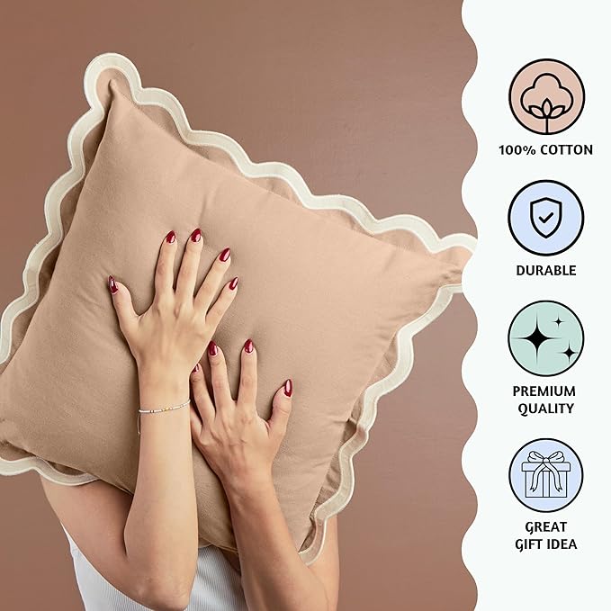 Folkulture Throw Pillow Covers | (20 x 20) Set of 2 Cotton Scalloped Design | Cute Decorative Pillows | Outdoor Boho Aesthetic Decor for Couch | Brown Covers, Couch Pillows for Living Room