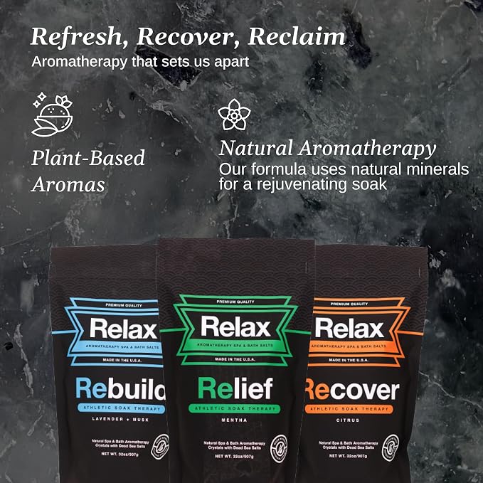 Relax Spa & Bath, Epsom & Dead Sea Salts, Aromatherapy Bath Salts for Hot Tub, Bath, or Spa, Infused with Magnesium, 3 Pack, Athletic Soak Therapy