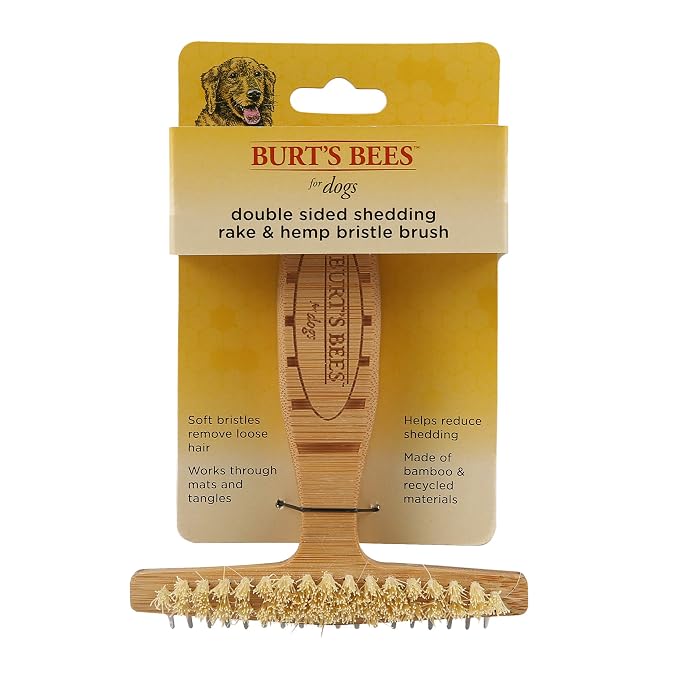 BURT'S BEES FOR PETS Brown Oblong Double Sided Dog Brush - All Hair Types, Unisex, 0.2 lbs, Hemp Bristle for Detangling, Shedding Rake for Mats Removal