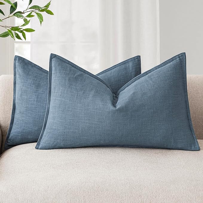 Foindtower Pack of 2, Decorative Linen Soild Throw Pillow Covers Soft Accent Lumbar Cushion Case Farmhouse Pillowcase for Chair Couch Sofa Bedroom Living Room Home Decor 12 x 20 Inch Misty Blue