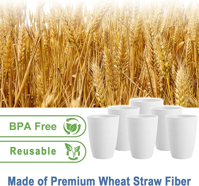 Drinking Glasses - Wheat Straw Cups Set of 6, Unbreakable Plastic Tumbler, Alternative to Plastic Glasses Drinking Reusable, Drinking Cup Dishwasher Safe Plastic Cups 12 OZ - White