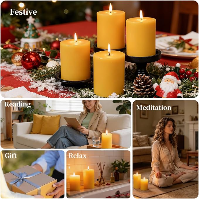 2 Packs 3"x 4" Natural Beeswax Pillar Candles, 100% Pure Beeswax Candle 120 Hours Long Burning Emergency Candle, Unscented Bees Wax Candles for Home Decor, Air Purification, Smokeless & Dripless