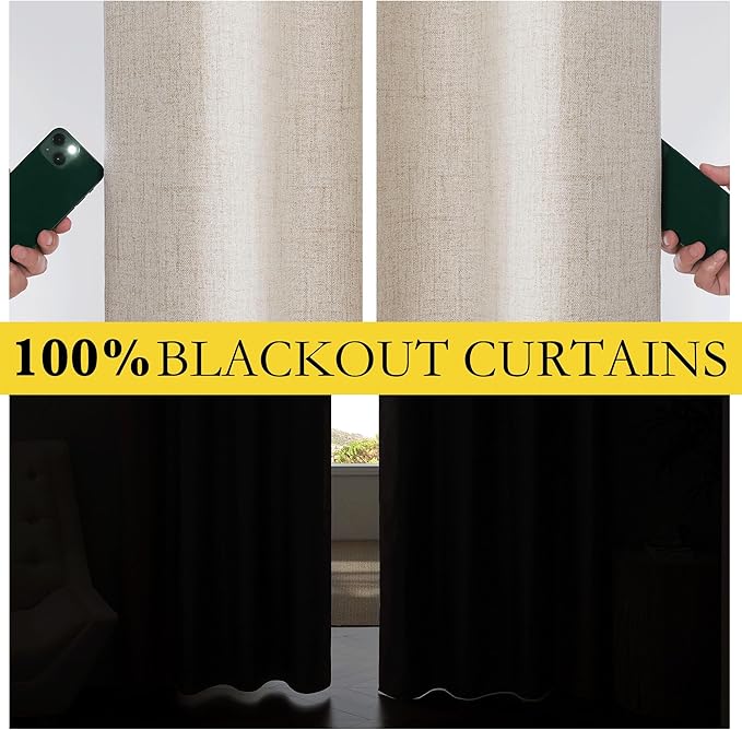 NICETOWN Natural Linen 100% Blackout Short Curtains 48 inches, Thermal Insulated & Noise Reducing Window Draperies with Grey Liner, Short Drapes for Cafe Bar (52" W by 48" L, 2 Panels)