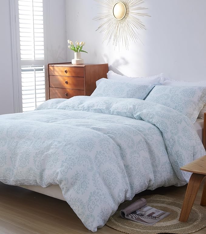 100% French Flax Linen Duvet Cover Set Queen Size, 3pcs Digital Botanical Printed Paisley Floral Bedding Comforter with Button Closure and 8 Corner Ties, Vintage Country Style(Paisley, Queen)