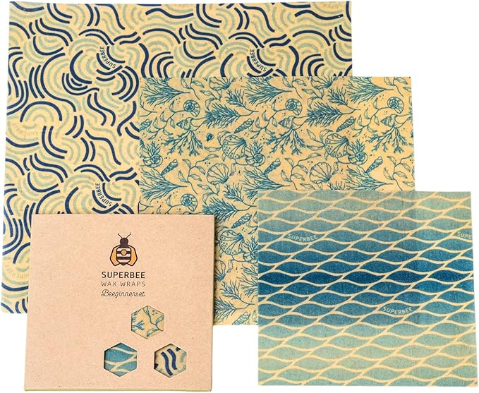 SUPERBEE Beeswax Wrap for Food, Set of 3 Bees Wax Wraps, Reusable for Wrapping Vegetables, Cheese Paper, Bowl Covers and Sandwich Wrapping Paper, Beeswax Food Wrap (Ocean)
