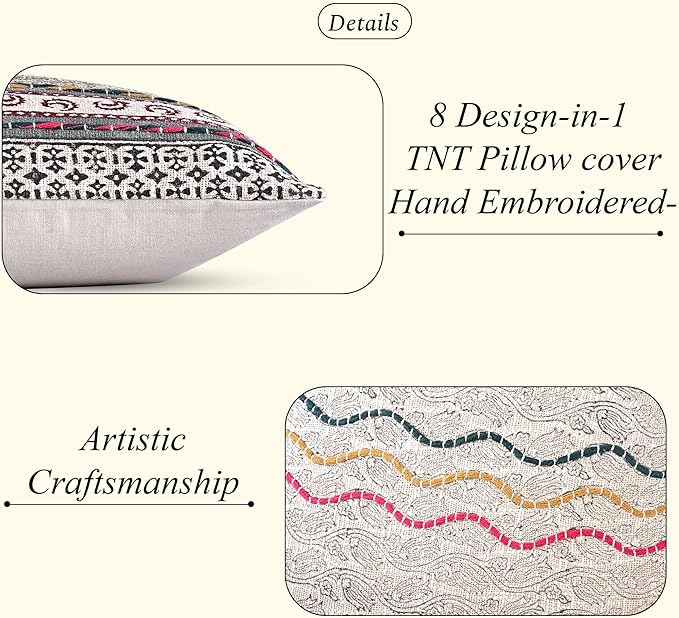 Ridhi Hand Block Print Neutral Ivory Grey Cotton TNT Cushion Cover 20x20 Decorative Throw Pillow Cover for Sofa, Living Room, Bedroom Decor, Soft, Cushion Case for Spring, Easter
