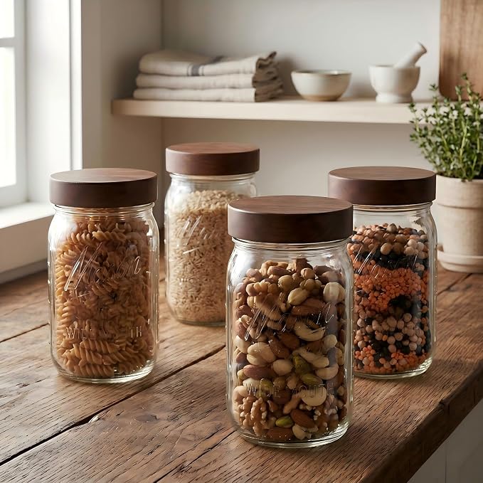 4 Pack 32 oz Glass Jars, Wide Mouth Mason Jars with Acacia Wood Airtight Lids for Food Storage, Snacks, Meal Prep & Lunch Leakproof