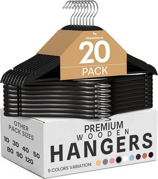 Utopia Home Premium Wooden Hangers 20 Pack - Durable & Slim Coat Hanger - Suit Hanger with 360-Degree Rotatable Hook - Wood Hangers with Shoulder Grooves (Black Color)