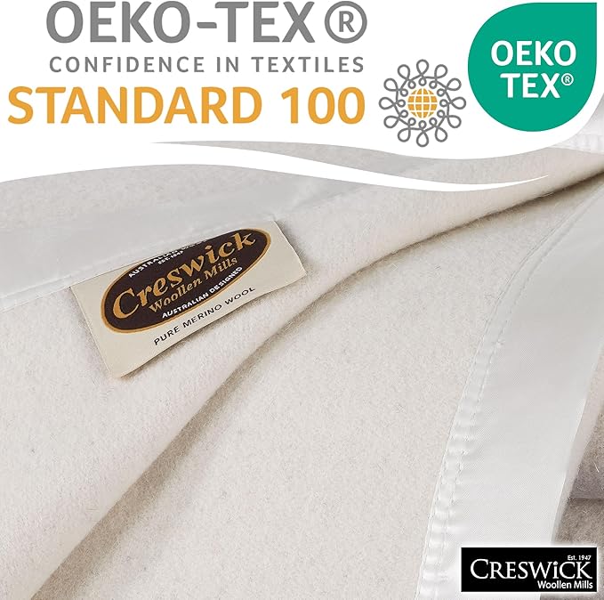 Creswick Woollen Mills 100% Australian Merino Wool Blanket – Soft Warm and Natural with Satin Binding, Breathable Luxury Bedding for All Seasons, (Natural, Throw)