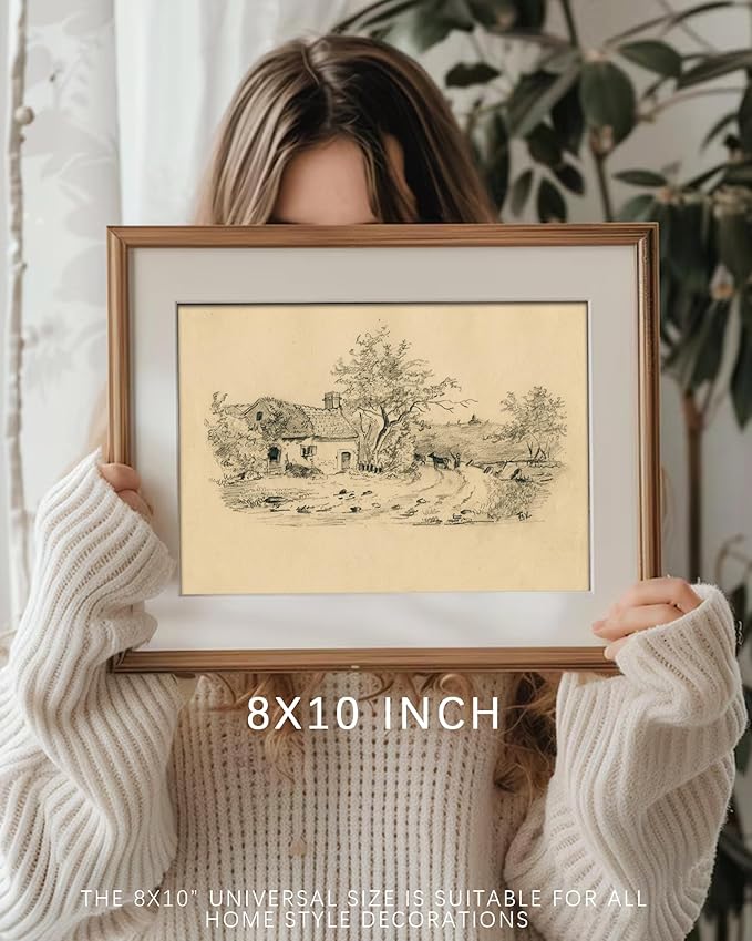 Vodefoad Sketch Cottage Retro Vintage Canvas Wall Art Rural Life Murals Vintage Neutral Wall Art for Home Decor Farmhouse Landscape Sketch Drawing Wall Decor Rustic Nature Canvas Prints Antique Neutral Landscape Oil Painting Vintage Art Pictures for Be...