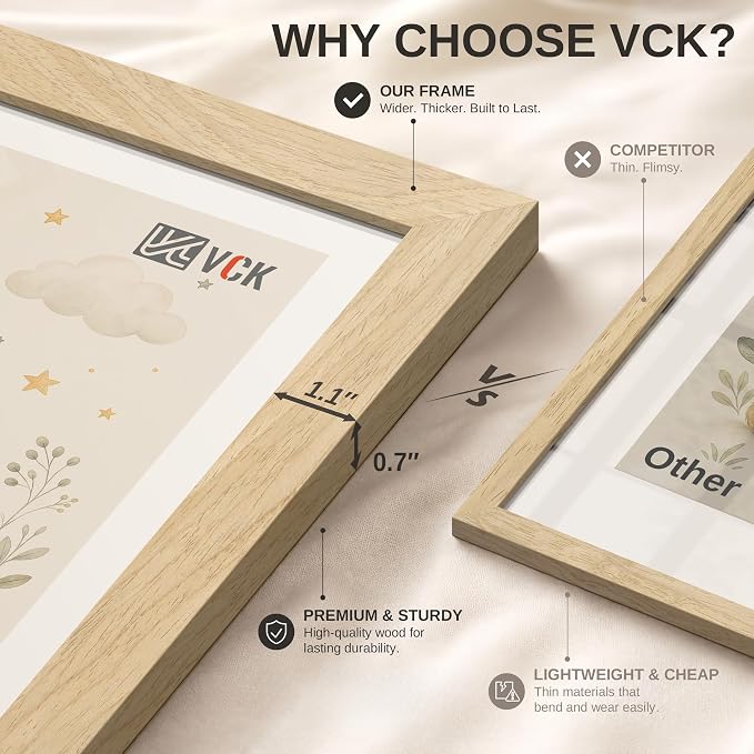 VCK 9x12 Picture Frame 3 Pack - Natural Solid Wood Beige Photo Frame, Exclusive Wood Grain, Table Display or Wall Hanging