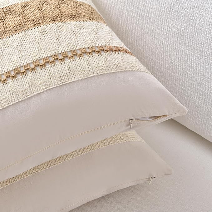 Fancy Homi Set of 2 Tan Neutral Long Lumbar Decorative Throw Pillow Cover 14x24 Inch for Couch Bed Sofa Chair, Modern Organic Farmhouse Boho Home Decor, Soft Cotton Cute Accent Rectangle Cushion Case