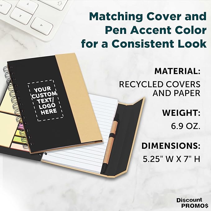 DISCOUNT PROMOS Custom Eco-Friendly Spiral Notebooks with Pens – Set of 10/50/100, Perfect for Mother’s Day Gift – Bulk Pack for School, Office, or Home – Black