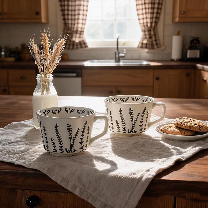 4 Pack 12oz Speckled Stoneware Coffee Mugs, Vintage Black Seaweed Botanical Ceramic Tea Cups, Rustic Hand Drawn Floral Drinking Mugs, Microwave Dishwasher Safe, Gift Set for Coffee Lovers