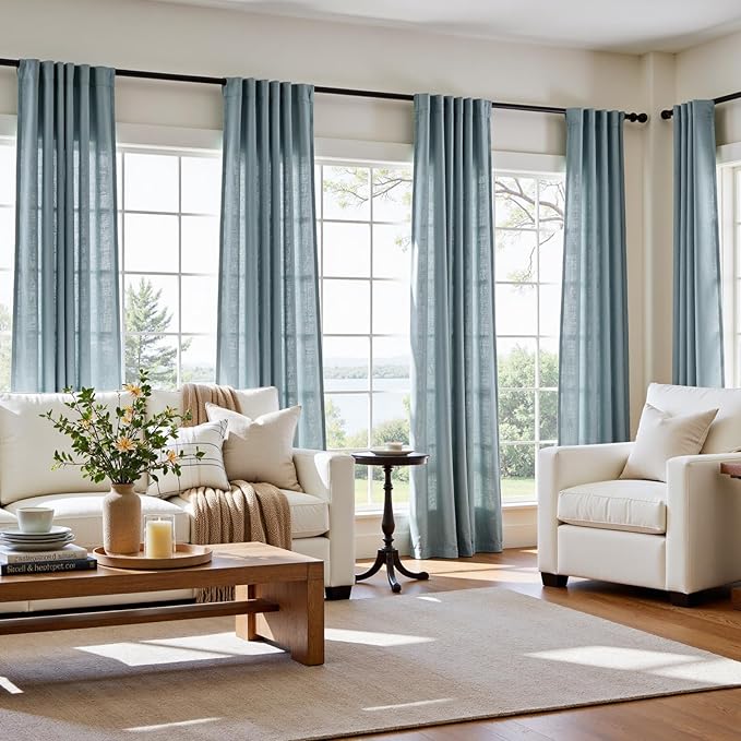 jinchan Blue Linen Blend Curtains 84 inch Length 2 Panels for Bedroom Living Room, Light Filtering 50 inch Wide Farmhouse Drapes with Rod Pocket Back Tab(50W x 84L, Blue)
