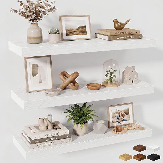 Fun Memories Floating Shelves for Wall, 32 Inch Long Floating Shelves Set of 3, 32 x 10 Wooden Shelves for Wall, Large Storage Shelves, Hanging Shelves for Bathroom Kitchen Bedroom, White