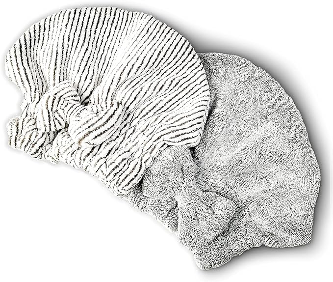 Microfiber Hair Towel Wrap, Soft Absorbent & Quick Drying Cap Set for Curly Thick Hair, Women & Girls - 2 Pcs (Stripe & Gray)