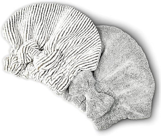 Microfiber Hair Towel Wrap, Soft Absorbent & Quick Drying Cap Set for Curly Thick Hair, Women & Girls - 2 Pcs (Stripe & Gray)