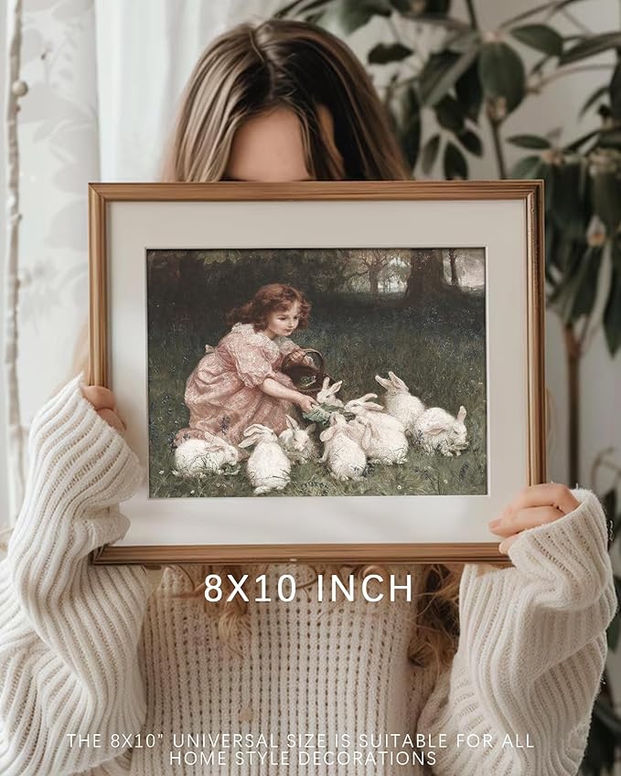 Vodefoad Little Girl Feeding Bunnies Painting Art Vintage Easter Antique Rabbit Oil Painting and Child Wall Art Girl in Field With Rabbits for Nursery Gril Bedroom Gallery Bathroom Office Decor - 8x10Inch Unframe