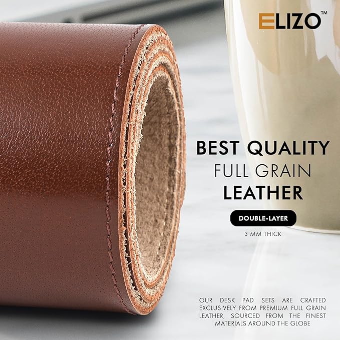 ELIZO Leather Desk Pad Real Leather Desk Mat Thick (3mm) Double Layer (32x16) Cover Blotter Desk Protector Large Computer Mat for Keyboard Mouse Pad Table Laptop Mat Office Accessories - Chestnut