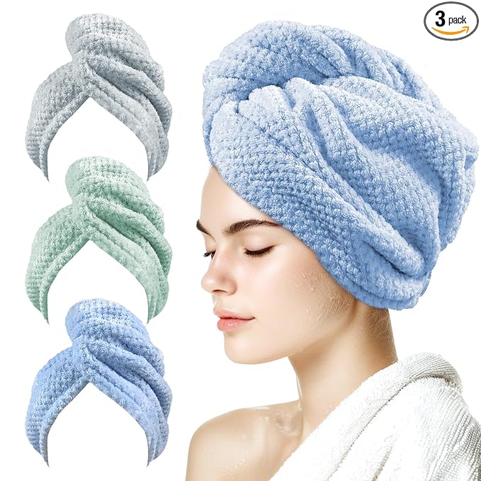 my novel things 3 Pack Microfiber Hair Towel Wrap for Women 25.4"x9.8", Super Absorbent Hair Towel Wrap, Quick Dry Hair Towels with Button for Curly Hair Anti Frizz (Blue,Green,Gray)