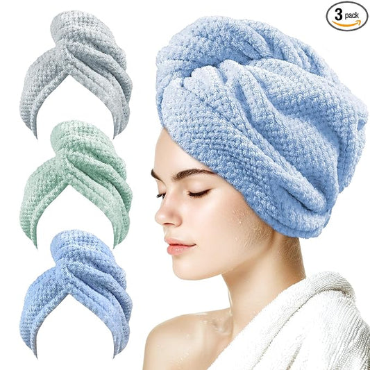 my novel things 3 Pack Microfiber Hair Towel Wrap for Women 25.4"x9.8", Super Absorbent Hair Towel Wrap, Quick Dry Hair Towels with Button for Curly Hair Anti Frizz (Blue,Green,Gray)
