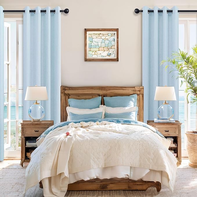 Light Blue Linen Grommet Curtains 96 Inches Long for Living Room 2 Panel Coastal Drape Light Filtering Modern Farmhouse Window Privacy Semi-sheer Pastel Blue Curtain for Boys Bedroom Girl 52x96 Length