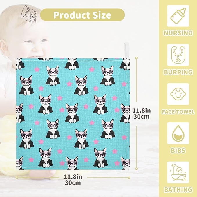 Baby Funny French Bulldog Muslin Washcloths 3 Pack - Muslin Burp Cloths Hanky Large 11.8"X11.8" Extra Soft Absorbent Baby Burp Rags for Newborn 100% Cotton for Boys Girls Gift