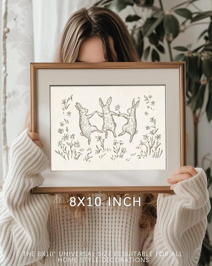 Vodefoad Bunnies Sketch Vintage Wall Art Retro Nursery Dancing Bunnies Art Print Neutral Cottagecore Nursery Decor Farmhouse Rustic Rabbit Wall Decor for Gallery Nursery Bedroom Bathroom Office - 8x10Inch Unframe