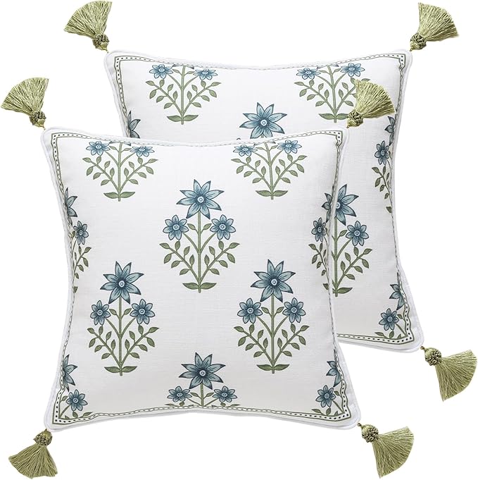 ISAENNE Design Fresh Linen Square Throw Pillow Covers 18"x18" Pack of 2, French White Cottage Cushion Covers with Blue Floral Branches Pattern Decor Pillowcases for Bed,Living Room,Outdoor,Car