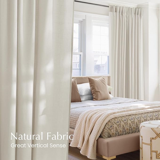 NICETOWN Linen Blend Bone White Curtains 96 inches Long, Rod Pocket & Back Tab Light Filtering Semi Sheer Window Treatments Privacy Added Drapes for Bedroom, W55 x L96, 2 Panels