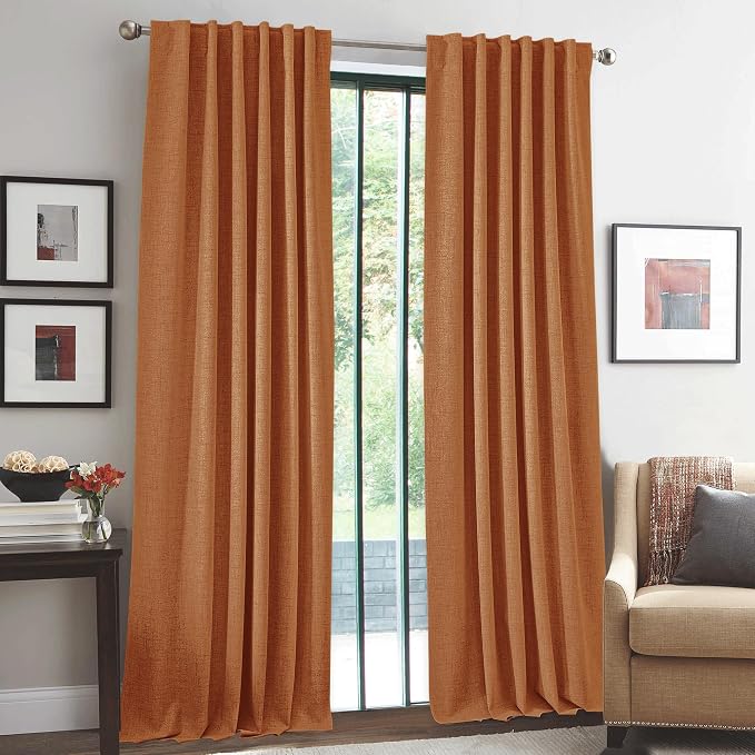 RYB HOME 100% Blackout Fall Curtains for Bedroom Linen Texture, Burnt Orange Curtains for LivingRoom/Office/Sliding Door, Thermal Insulated Farmhouse HomeDecor, Luxury Privacy Drape, W52xL84, 2 Panels
