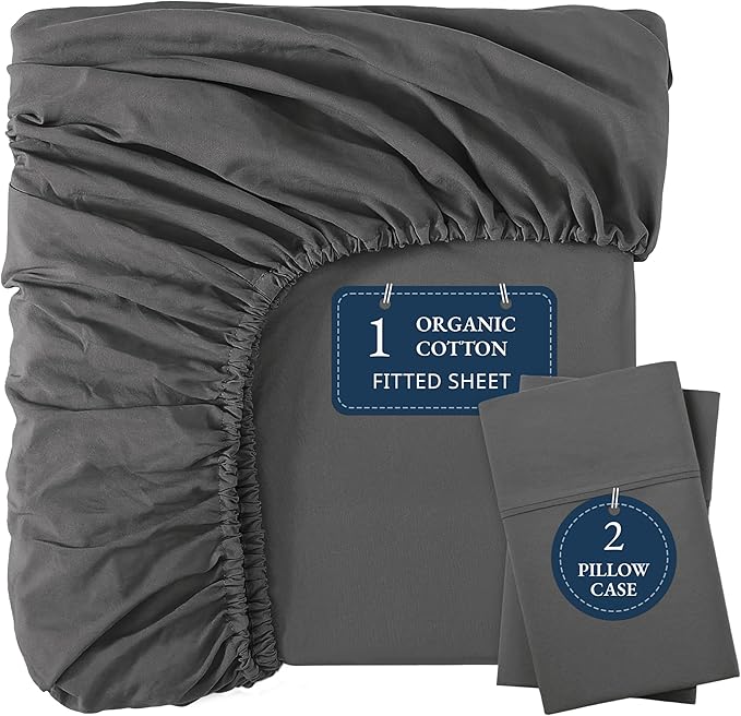 LANE LINEN 100% Organic Cotton Fitted Sheet Full Size (No Flat Sheet) - Soft & Breathable Percale Weave Fitted Sheet Set For Added Comfort - 15'' Deep Pocket For Snug Fit - GOTS Certified - Charcoal