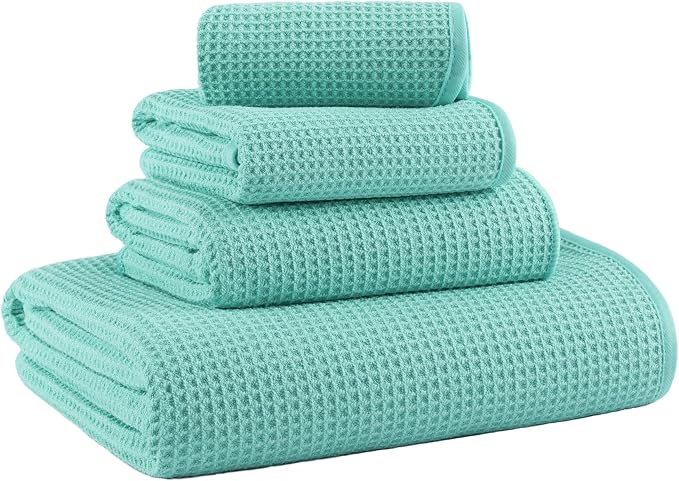 MICROFI Waffle Weave Bath Towel Set, Microfiber, 4 Pieces (Body/Hair/Hand/Face), Quick Dry, Lightweight, Super Absorbent, Lint Free, 380 GSM (Turquoise)