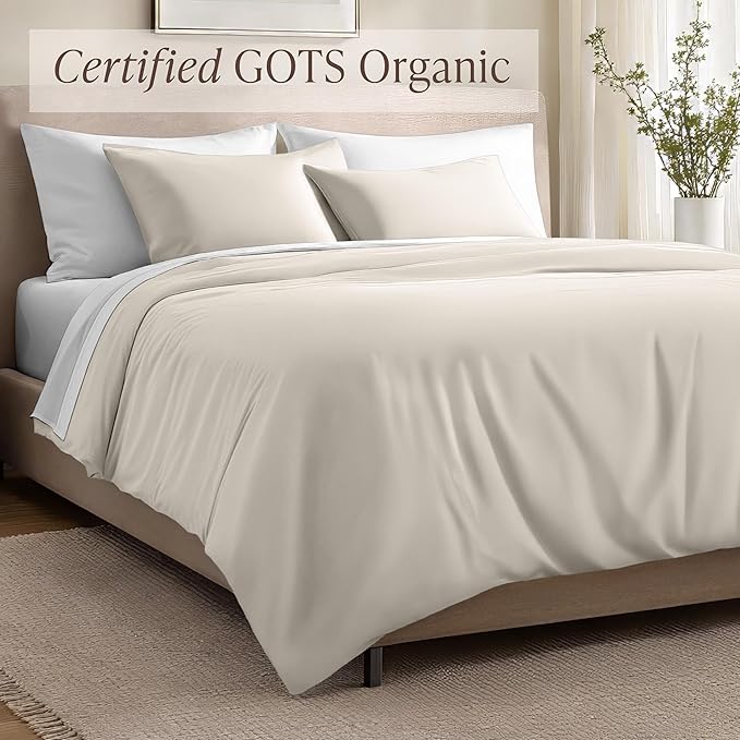 Bare Home 100% Organic Cotton Sateen Duvet Cover Set - Full/Queen Size - 400 Thread Count - Smooth Sateen Weave - Warm & Luxurious - Duvet Cover (Queen, French Beige)