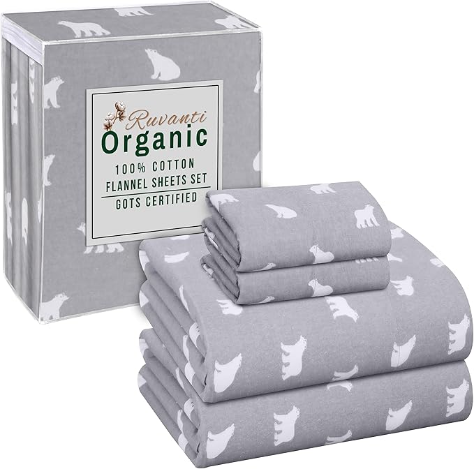RUVANTI Flannel Sheets Full Size - GOTS Certified 100% Organic Cotton, 4 Piece Warm, Soft & Breathable Set, Deep Pocket Snug Fit, Double Brushed Cozy All Season Bedding, Baby Bear