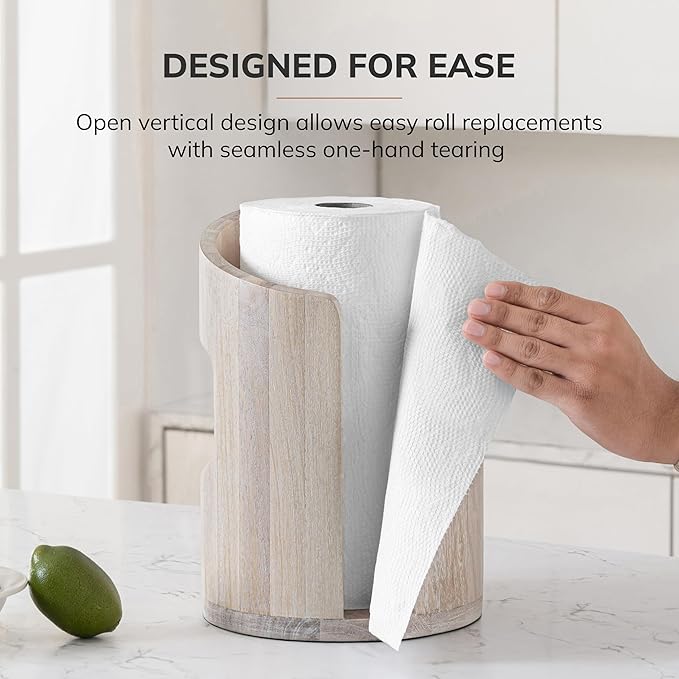 Anji Mountain Wooden Paper Towel Holder Countertop with Mango Wood Round Base and Iron Holder, Holder Stand for Kitchen Roll Organizer & Kitchen Dining Table Home Decor - Whitewash/Nickel, Arc Hold