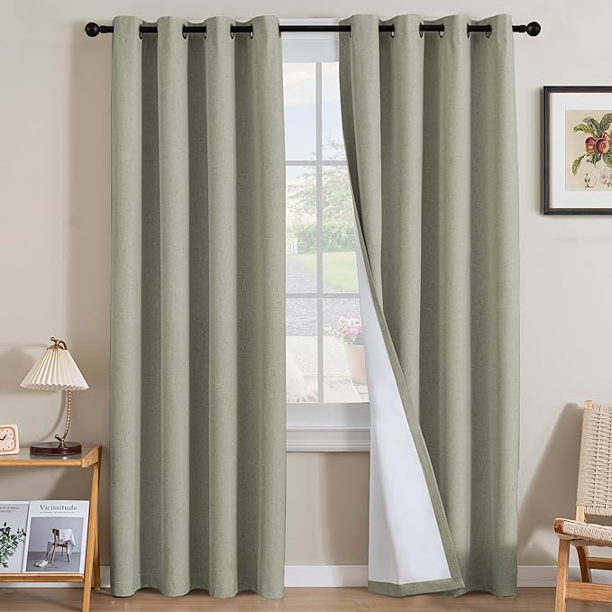H.VERSAILTEX Linen Curtains 100% Blackout Curtains for Bedroom 120 inch Long Full Light Blocking Nature Linen Blended Window Curtains for Living Room Nickel Grommet (2 Panels, Heathered Tea)