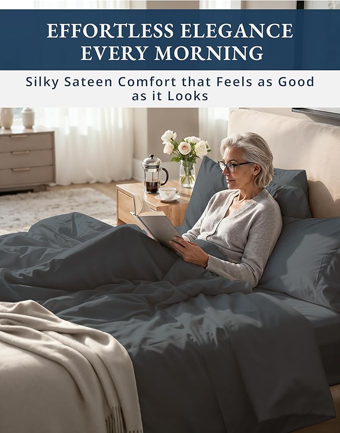 LANE LINEN 100% Egyptian Cotton Full Size Bed Sheets Set - 1000 Thread Count, Soft & Comfy No Pill Fade Resistant Natural Cooling Mercerized Cotton Sheets Full Size Bed 15" Deep Pocket - Charcoal