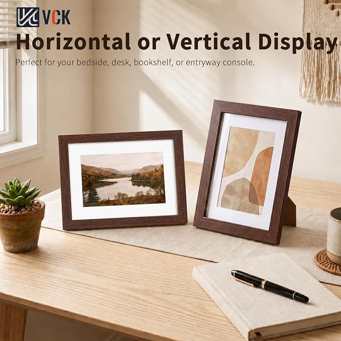 VCK 8x12 Picture Frames Brown - 3 Pack, Wide Border Wood, Tempered Glass, Display 6x8 Photo with Mat or 8 x 12 Without,for Home, Office, Gallery, Woodgrain Series, Tabletop & Wall Hanging