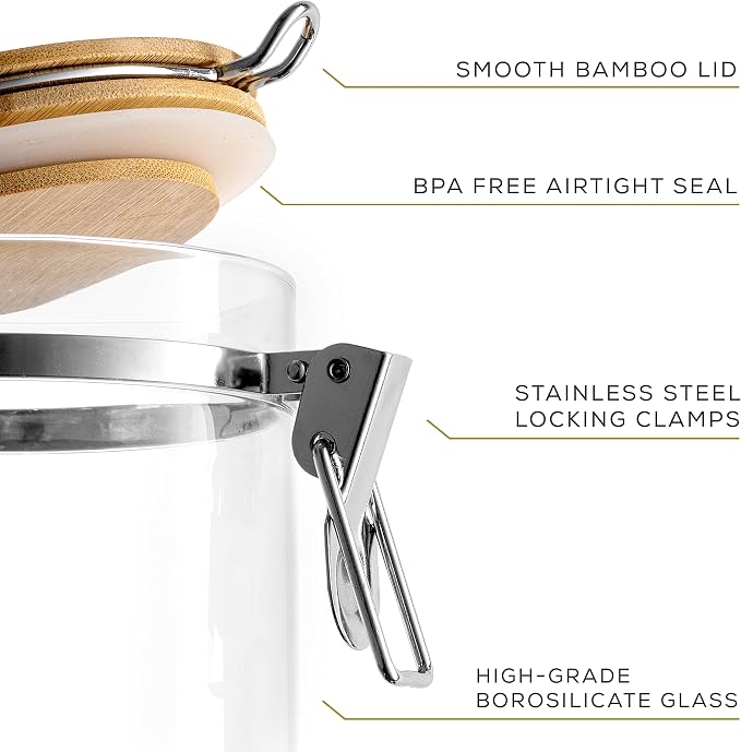 JoyJolt Borosilicate Glass Jars With Bamboo Lids (27oz). 2PC Set of Airtight Storage Jars with Clamp Lids for Pantry Storage. Air Tight Sealable Containers for Kitchen Organization.