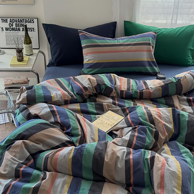 mixinni Vintage Striped Duvet Cover Full 100% Washed Cotton Bedding Set Retro Mid Century Modern Striped Duvet Cover with Zipper Closure Corner Ties for Kids Teens Dorm