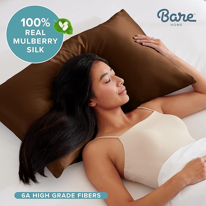 Bare Home 100% Mulberry Silk Pillowcase for Hair and Skin - Ultra Premium 6A Grade 19 Momme Silk Pillow Case - Hidden Zipper - Breathable Cooling Pillow Cover (King, Cocoa)